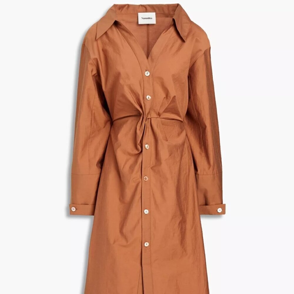 NANUSHKA Midi Shirt Dress Size L Twisted Front Split Hem Collared NEW